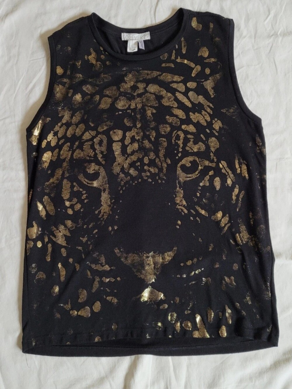 Forever 21 Black Tank with Metallic Gold Leopard Face